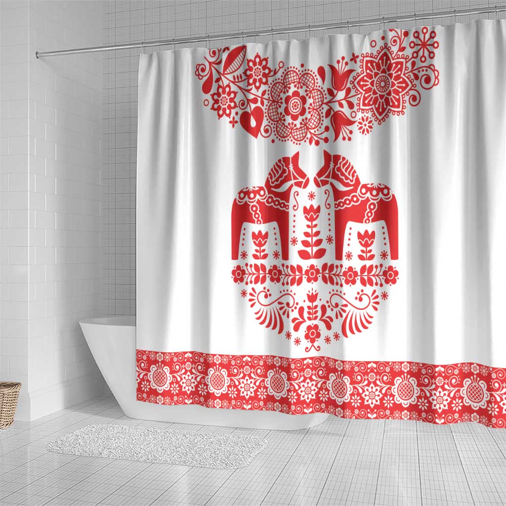 Sweden Dalecarlian Horse Shower Curtain Floral Folk Pattern White Version LT18