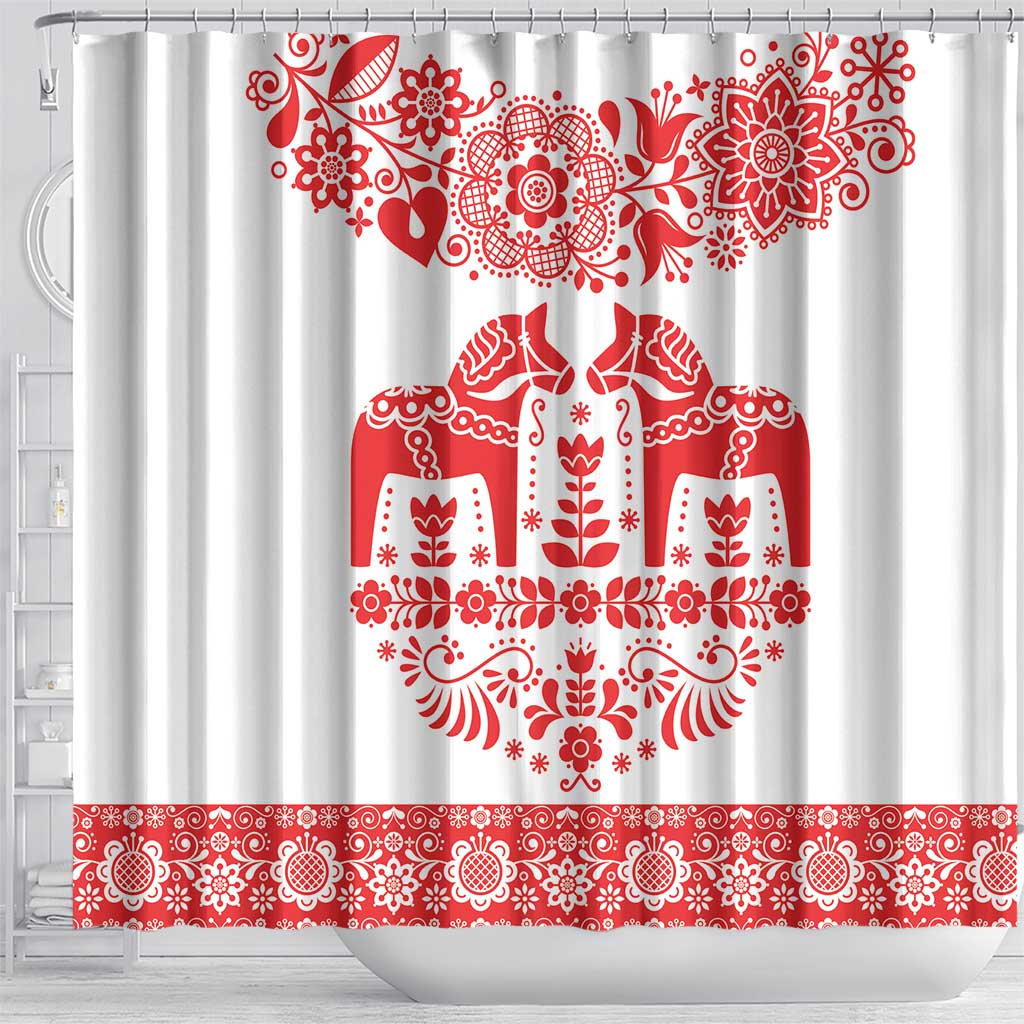 Sweden Dalecarlian Horse Shower Curtain Floral Folk Pattern White Version LT18