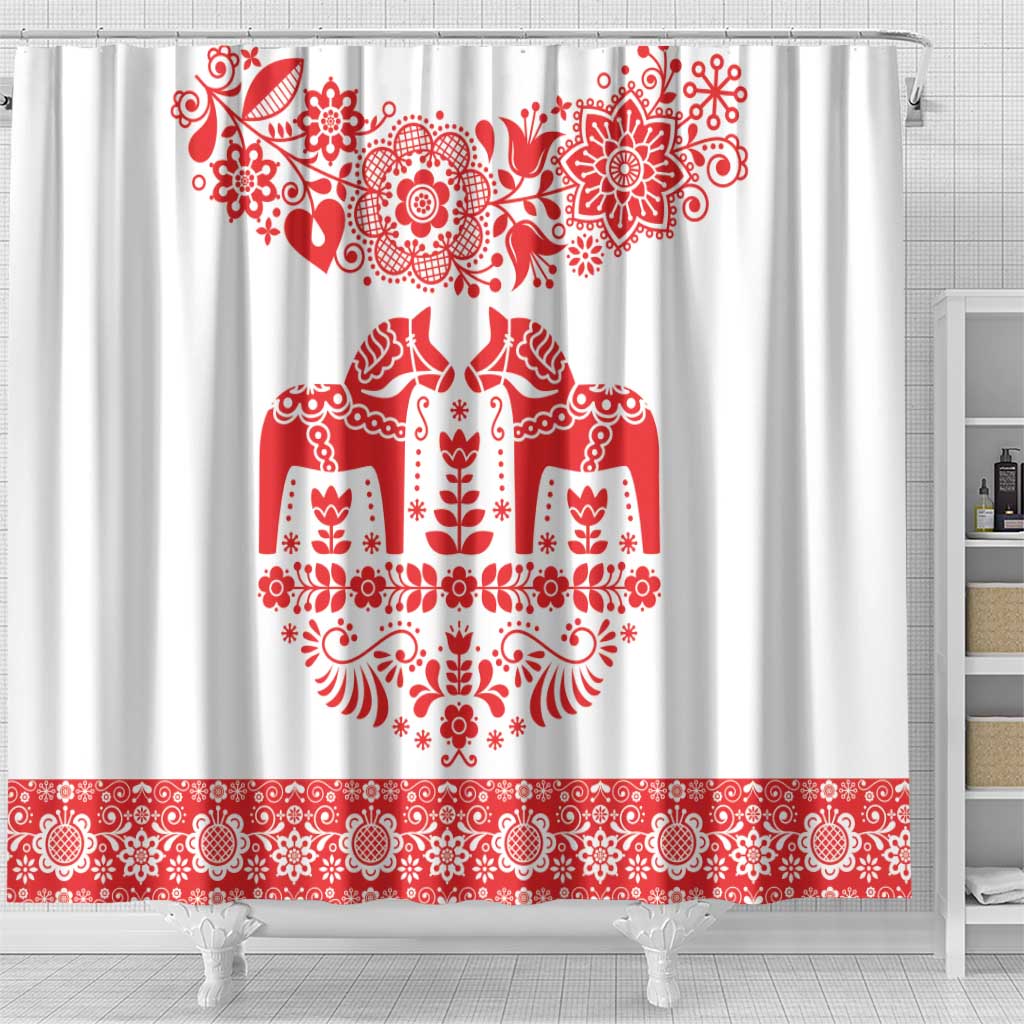 Sweden Dalecarlian Horse Shower Curtain Floral Folk Pattern White Version LT18