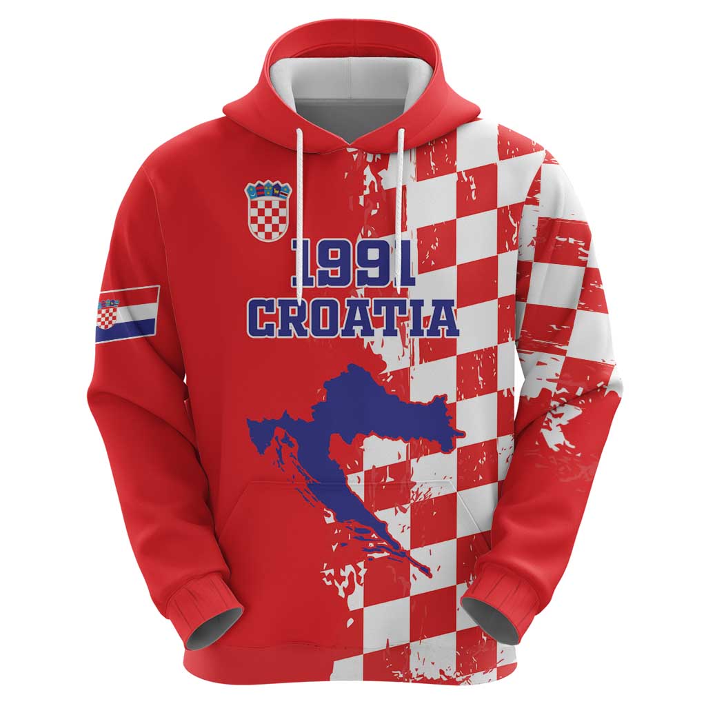Custom Croatia Independence Day Hoodie Grunge Checkerboard Patterns With Map LT18