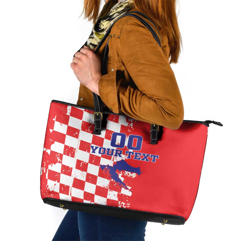 Custom Croatia Independence Day Leather Tote Bag Grunge Checkerboard Patterns With Map LT18