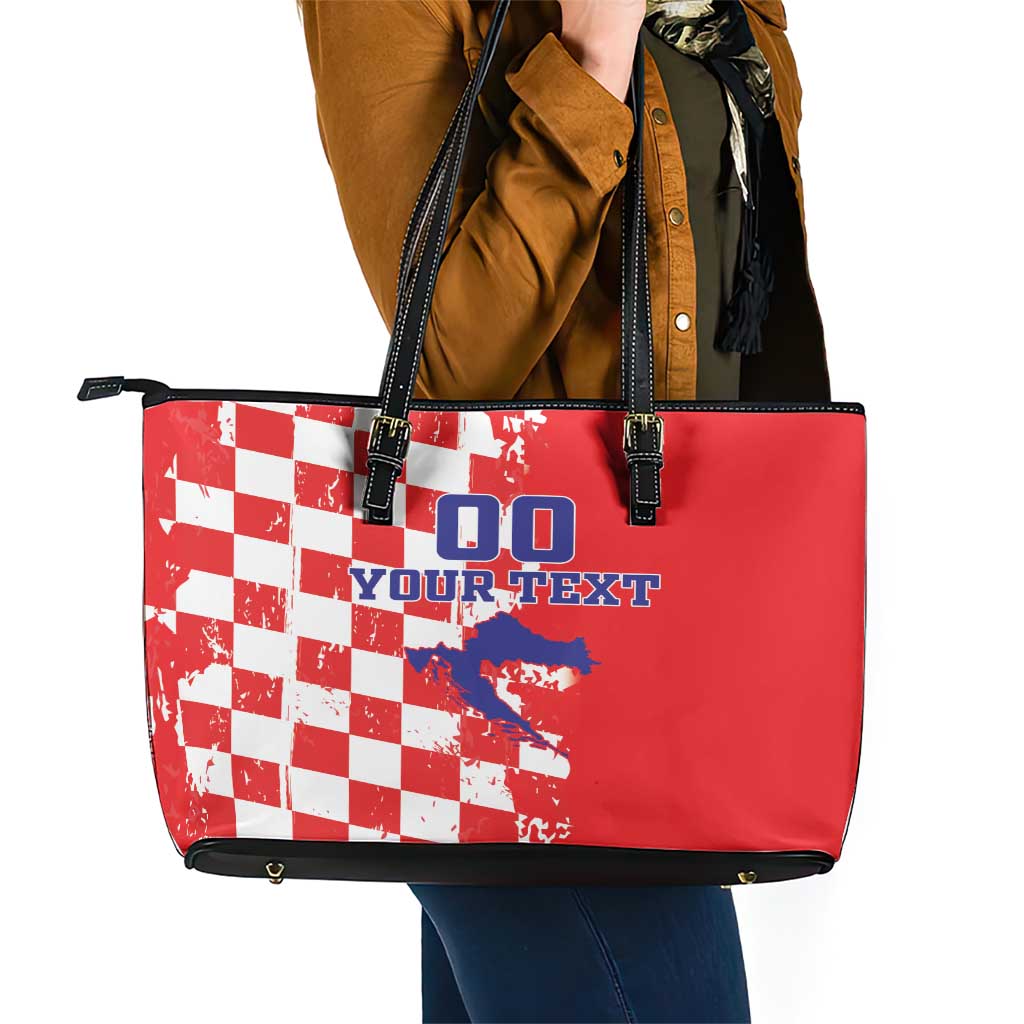 Custom Croatia Independence Day Leather Tote Bag Grunge Checkerboard Patterns With Map LT18