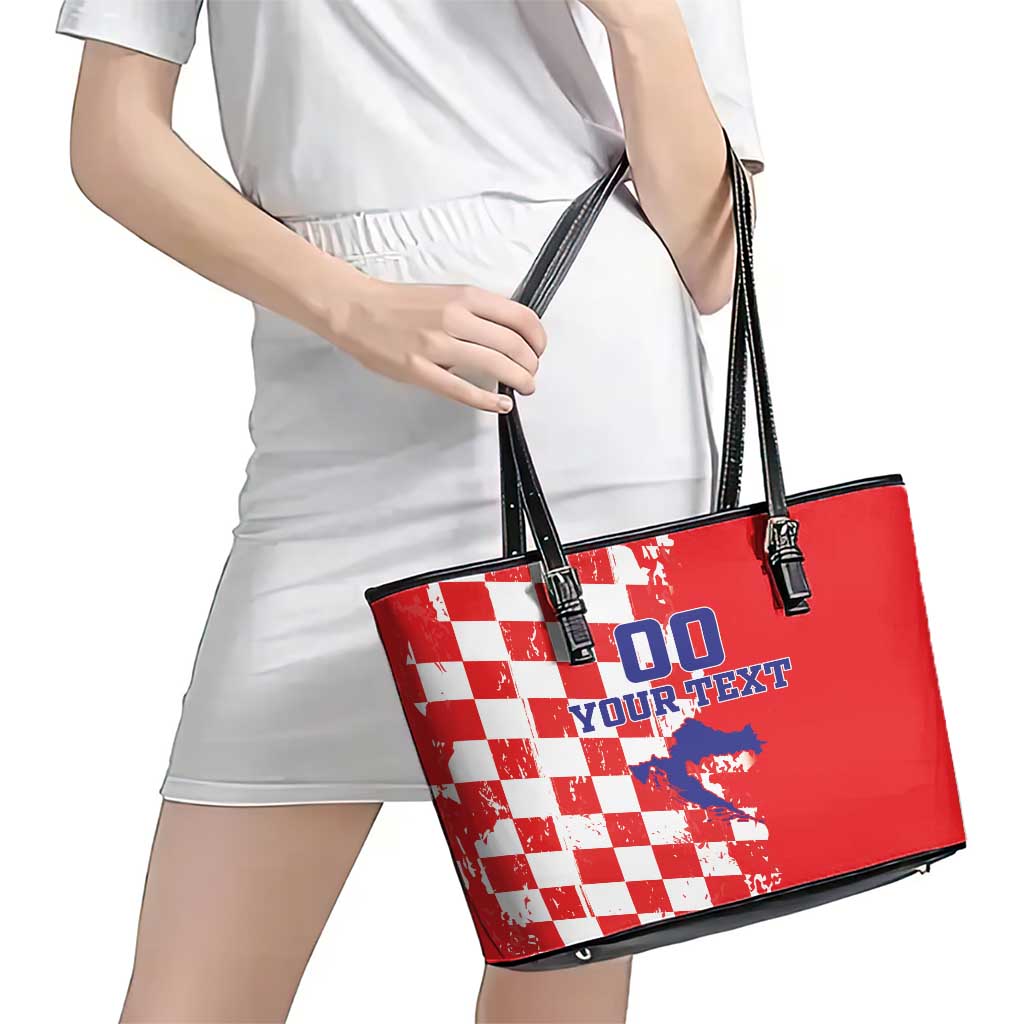 Custom Croatia Independence Day Leather Tote Bag Grunge Checkerboard Patterns With Map LT18