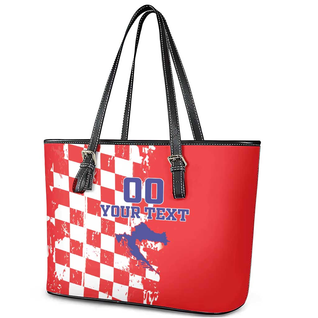 Custom Croatia Independence Day Leather Tote Bag Grunge Checkerboard Patterns With Map LT18
