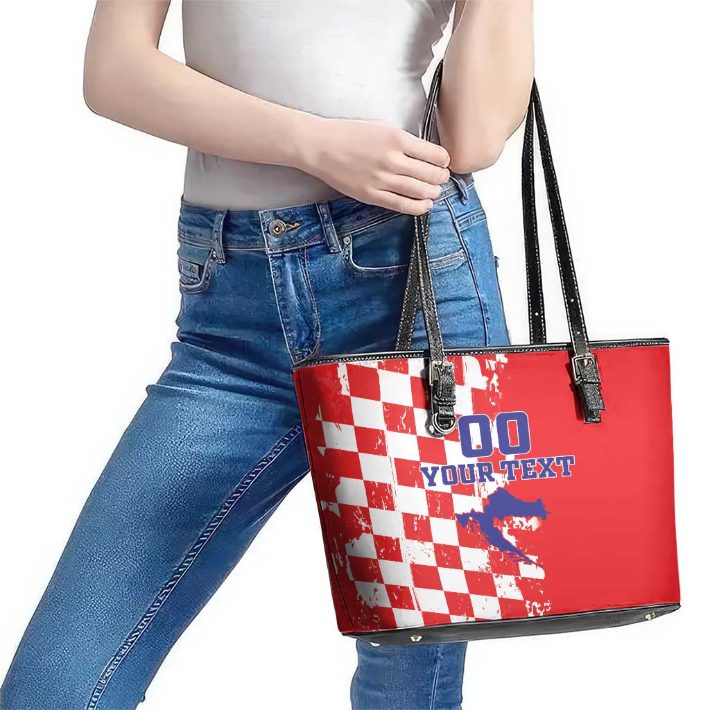 Custom Croatia Independence Day Leather Tote Bag Grunge Checkerboard Patterns With Map LT18