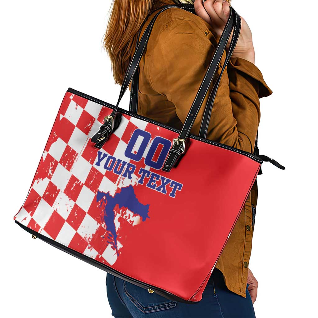 Custom Croatia Independence Day Leather Tote Bag Grunge Checkerboard Patterns With Map LT18