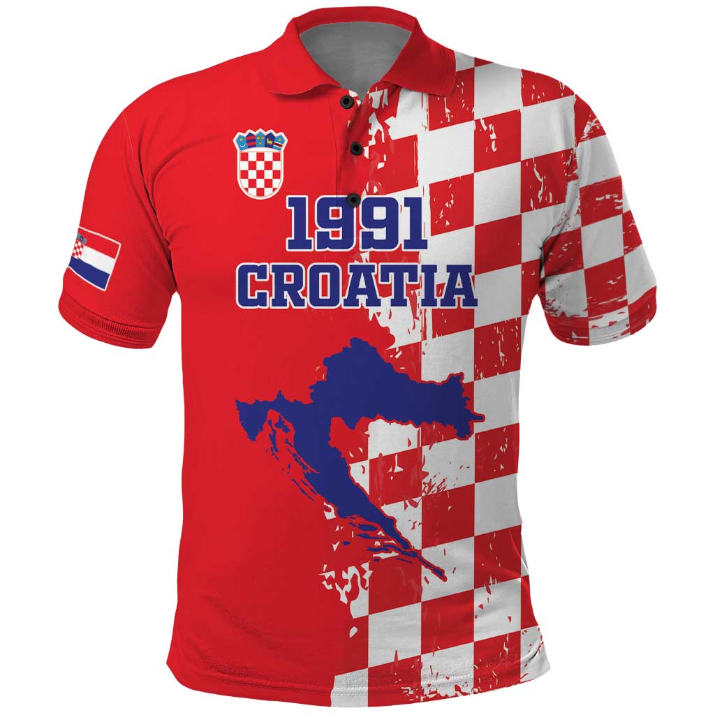 Custom Croatia Independence Day Polo Shirt Grunge Checkerboard Patterns With Map LT18