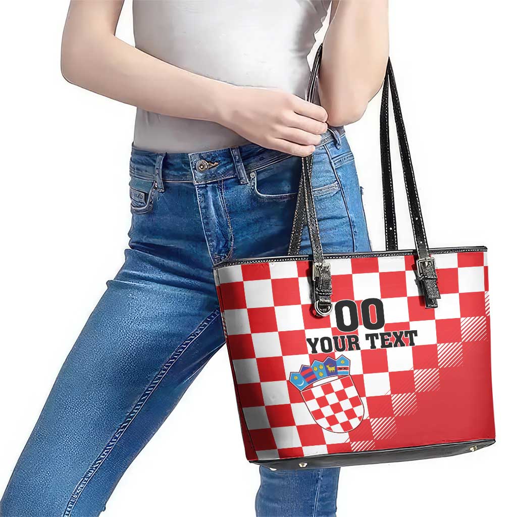 Custom Croatia Checkerboard Leather Tote Bag With Coat Of Arms LT18