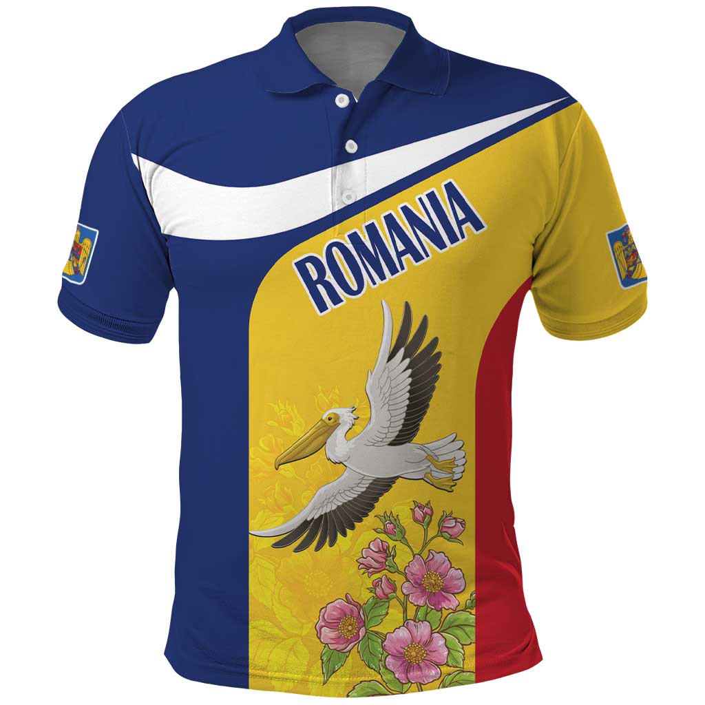 Personalized Romania Great White Pelican Polo Shirt With Rosa Canina LT18