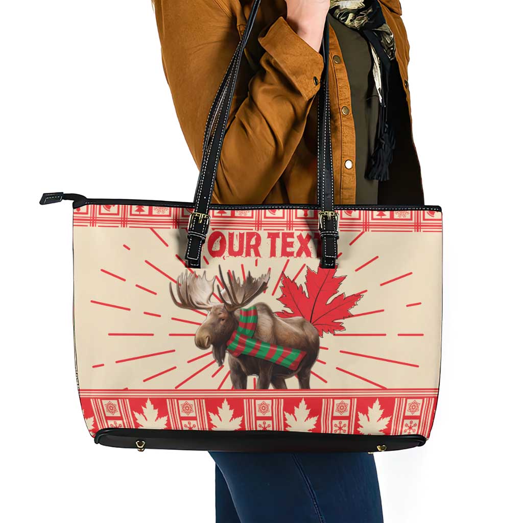 Personalized Canada Moose Leather Tote Bag Maple Leaf Christmas Lightning Art LT18
