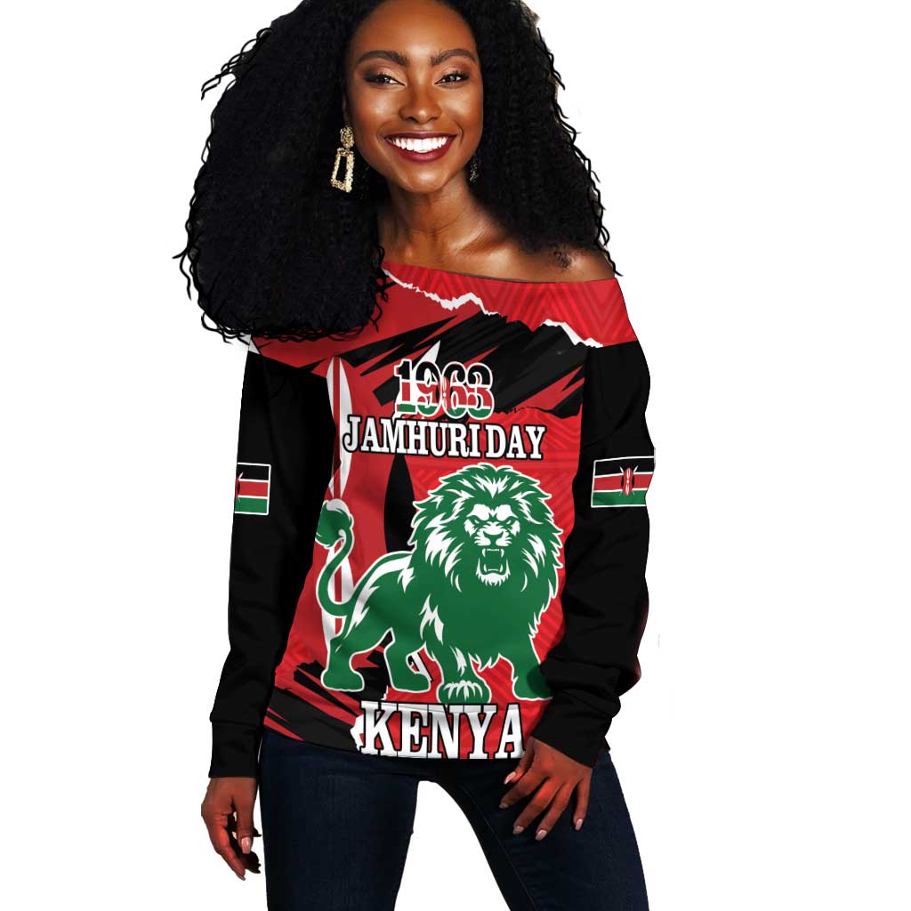Personalized Jamhuri Day 1963 Off Shoulder Sweater Angry Lion With African Shield LT18