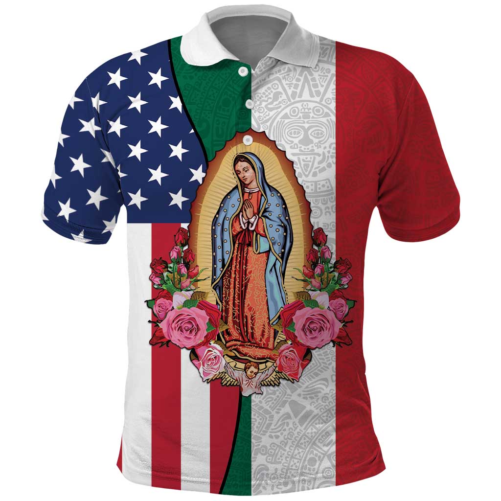 Guadalupe Virgin Mary Polo Shirt Mexican American Flag LT18