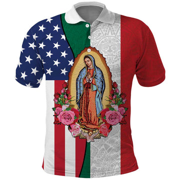 Guadalupe Virgin Mary Polo Shirt Mexican American Flag LT18