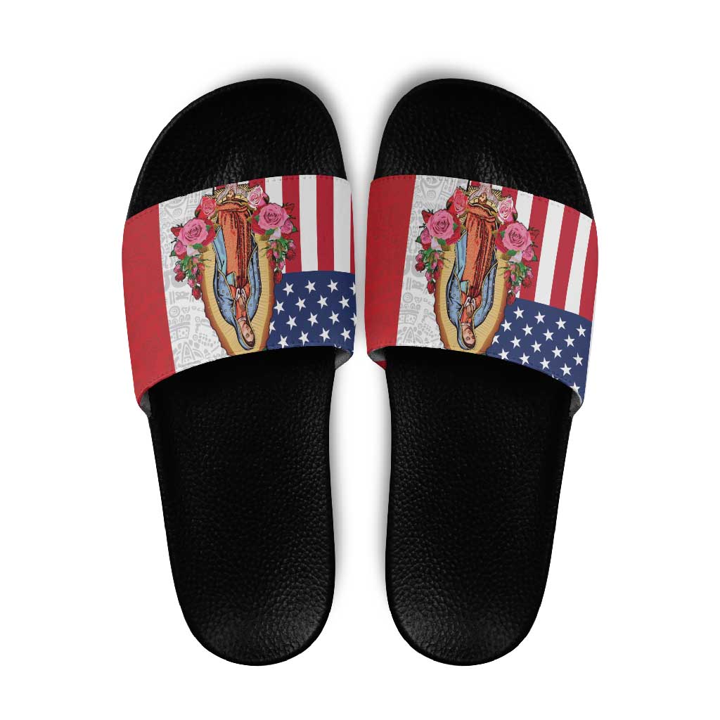 Guadalupe Virgin Mary Slide Sandals Mexican American Flag LT18