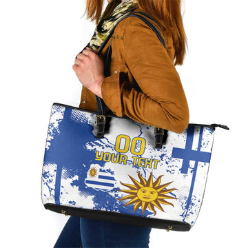Custom Uruguay Independence Day Leather Tote Bag Sol de Mayo With Grunge Urban LT18