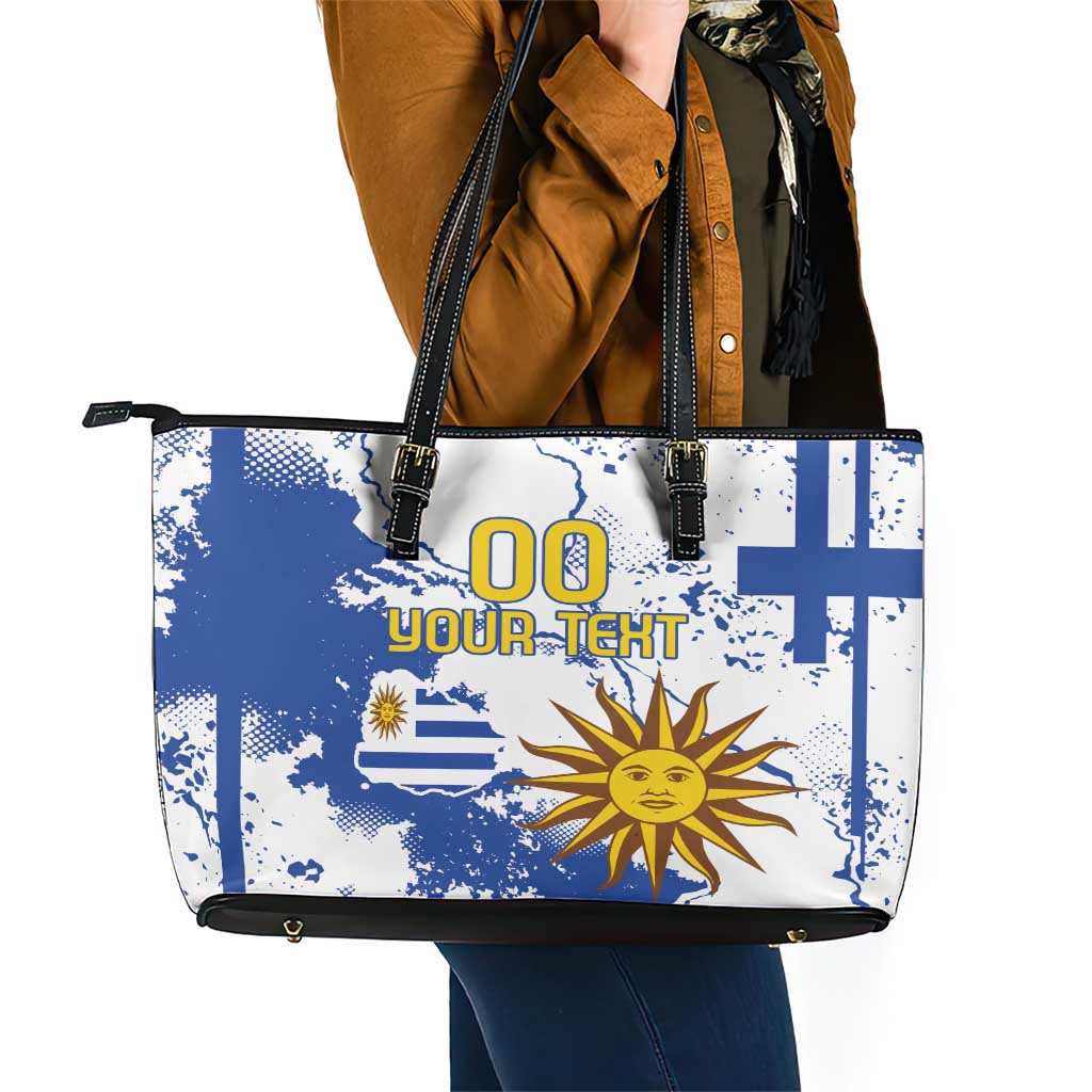 Custom Uruguay Independence Day Leather Tote Bag Sol de Mayo With Grunge Urban LT18