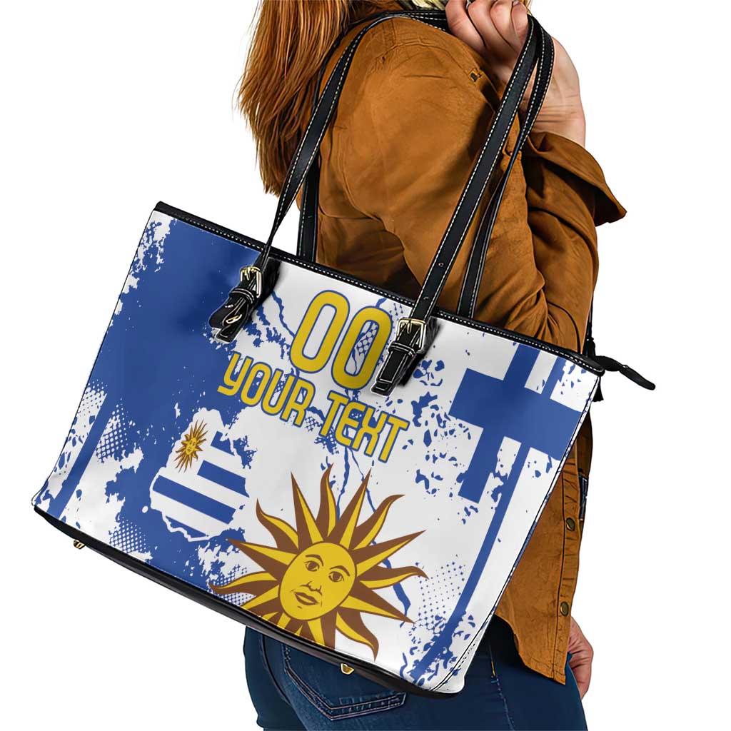Custom Uruguay Independence Day Leather Tote Bag Sol de Mayo With Grunge Urban LT18