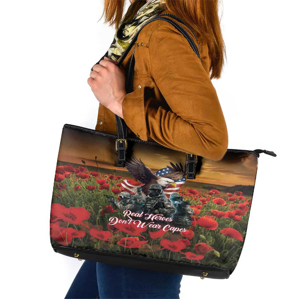 US Veterans Day American Army Leather Tote Bag With Poppy Flowers LT18