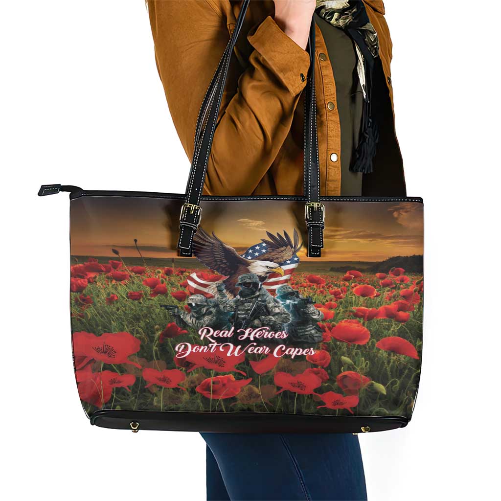 US Veterans Day American Army Leather Tote Bag With Poppy Flowers LT18
