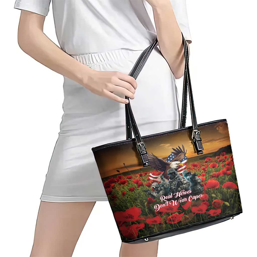 US Veterans Day American Army Leather Tote Bag With Poppy Flowers LT18