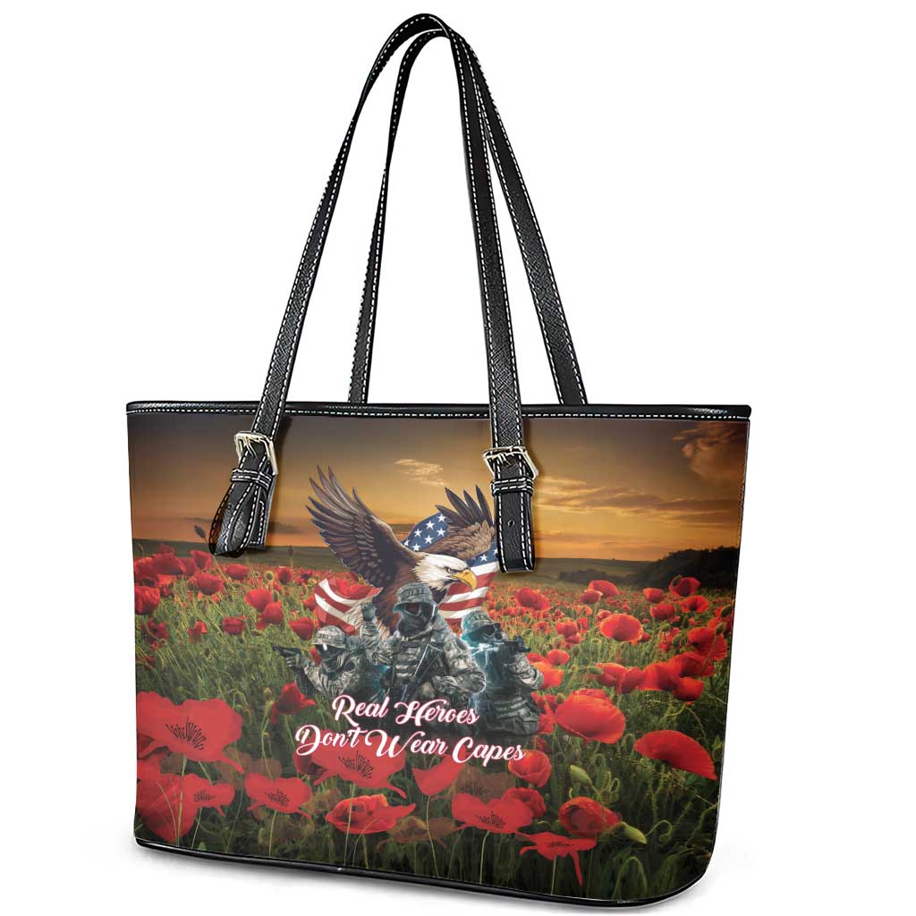 US Veterans Day American Army Leather Tote Bag With Poppy Flowers LT18
