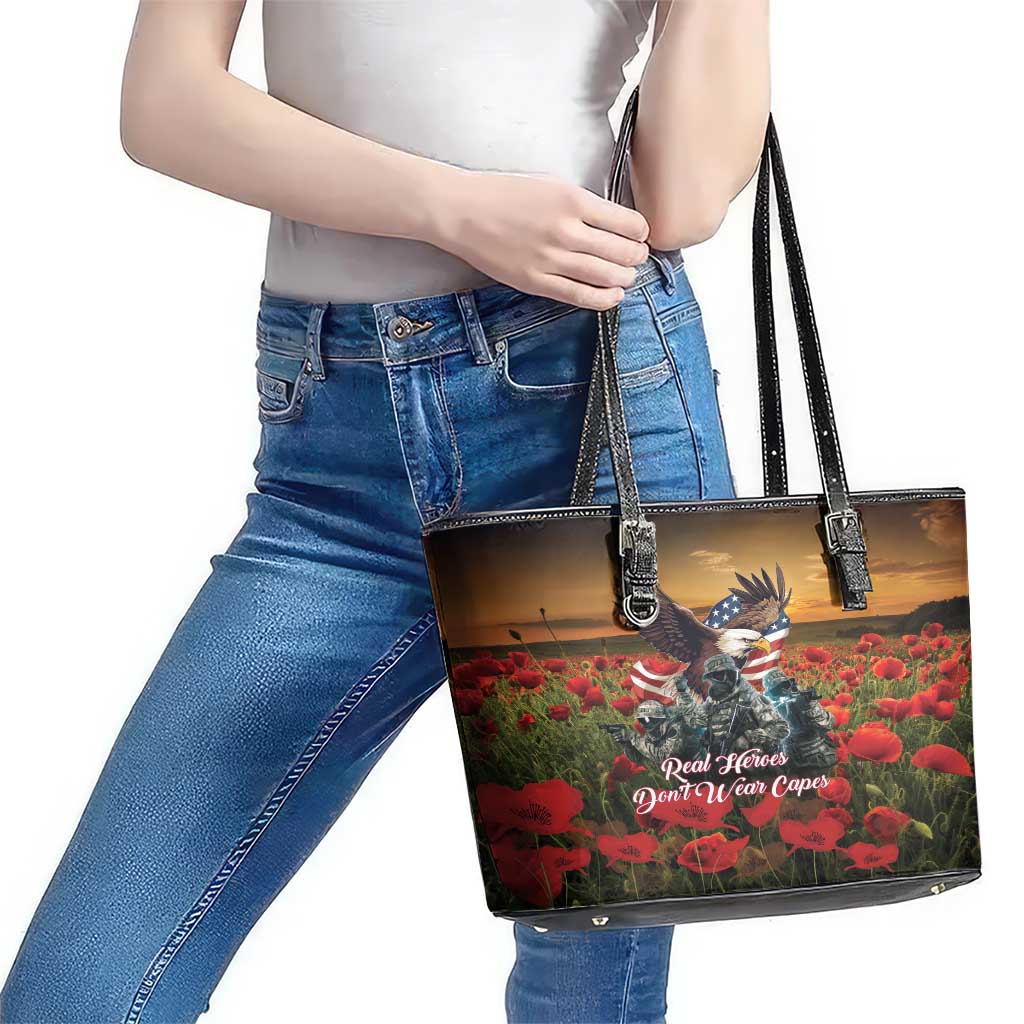US Veterans Day American Army Leather Tote Bag With Poppy Flowers LT18