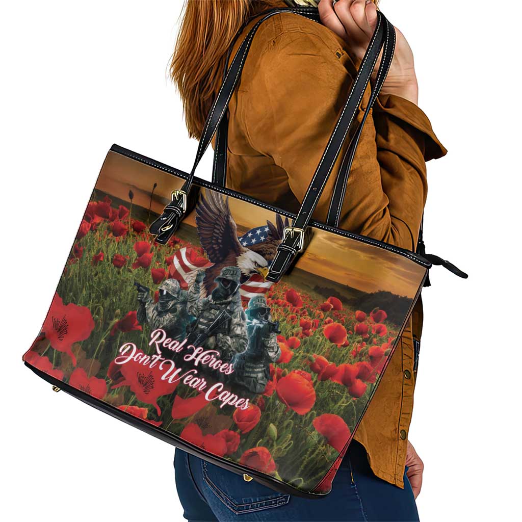 US Veterans Day American Army Leather Tote Bag With Poppy Flowers LT18