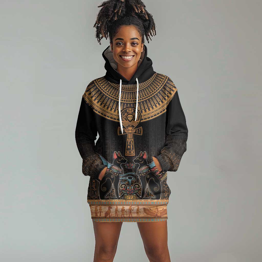 Winged Egypt Cats Hoodie Dress Hieroglyphs Alphabet Pattern LT18