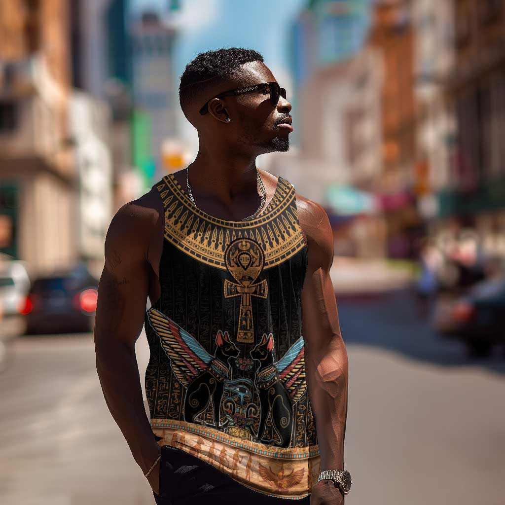 Winged Egypt Cats Men Tank Top Hieroglyphs Alphabet Pattern LT18