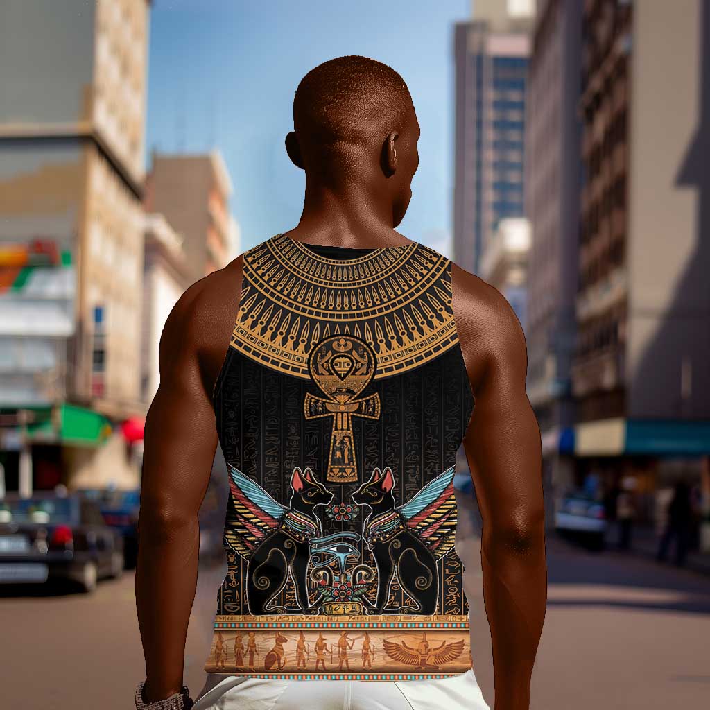Winged Egypt Cats Men Tank Top Hieroglyphs Alphabet Pattern LT18