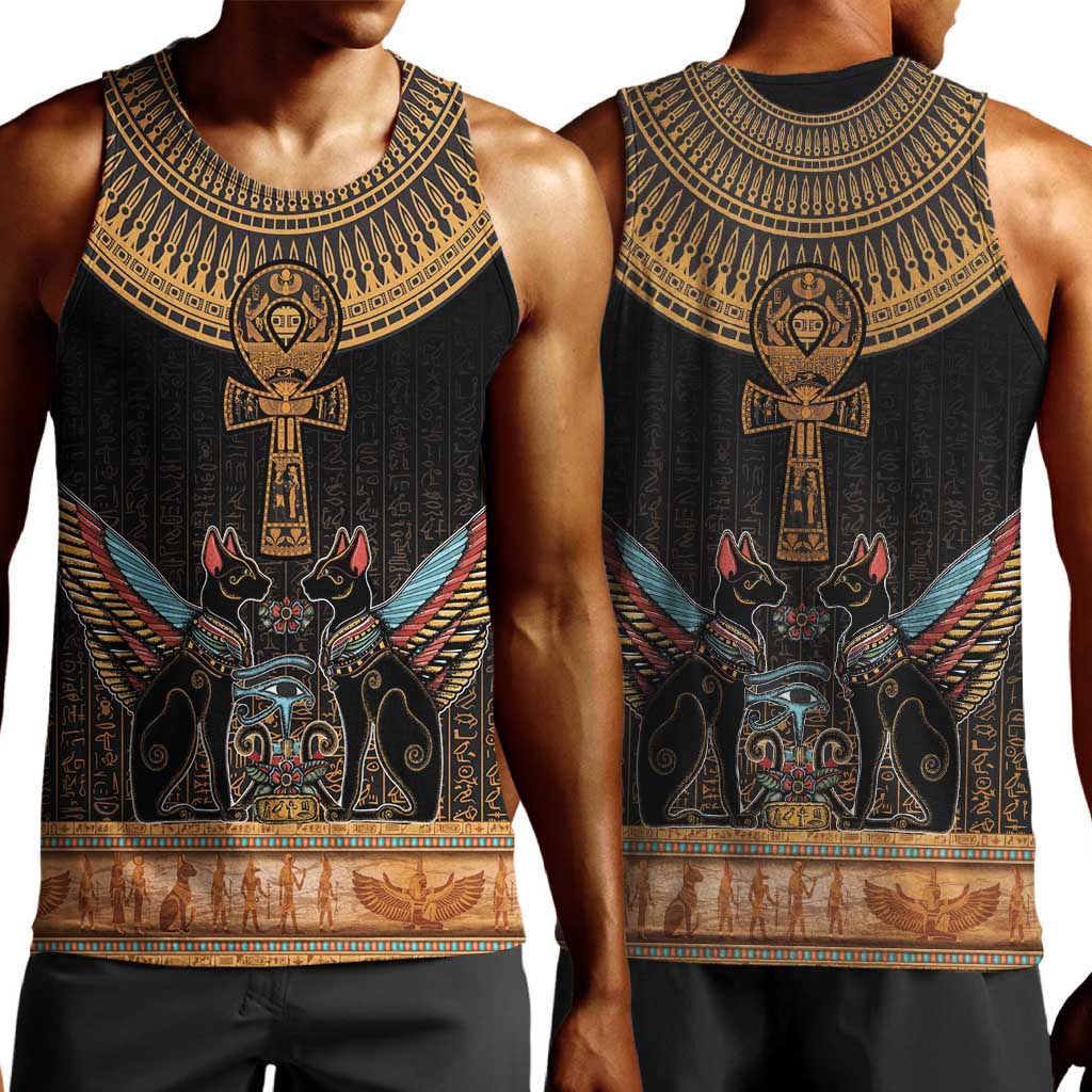Winged Egypt Cats Men Tank Top Hieroglyphs Alphabet Pattern LT18