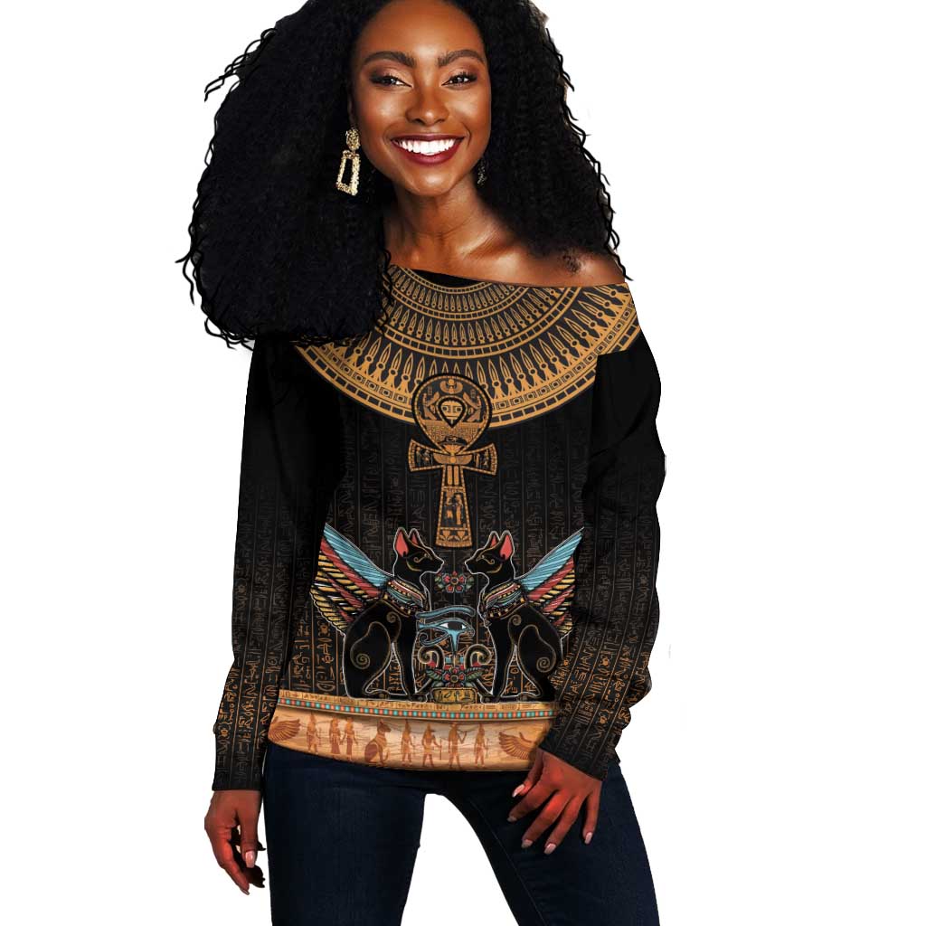 Winged Egypt Cats Off Shoulder Sweater Hieroglyphs Alphabet Pattern LT18