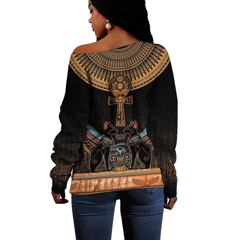 Winged Egypt Cats Off Shoulder Sweater Hieroglyphs Alphabet Pattern LT18