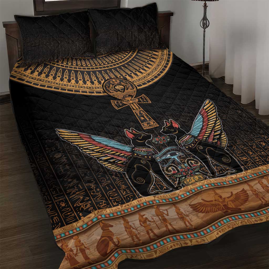 Winged Egypt Cats Quilt Bed Set Hieroglyphs Alphabet Pattern LT18