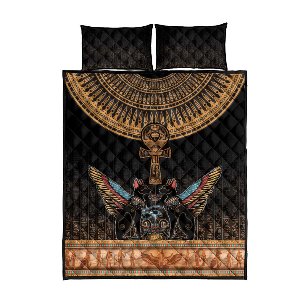 Winged Egypt Cats Quilt Bed Set Hieroglyphs Alphabet Pattern LT18