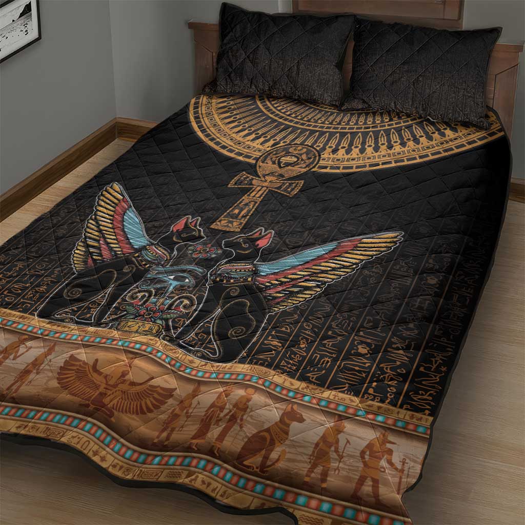 Winged Egypt Cats Quilt Bed Set Hieroglyphs Alphabet Pattern LT18