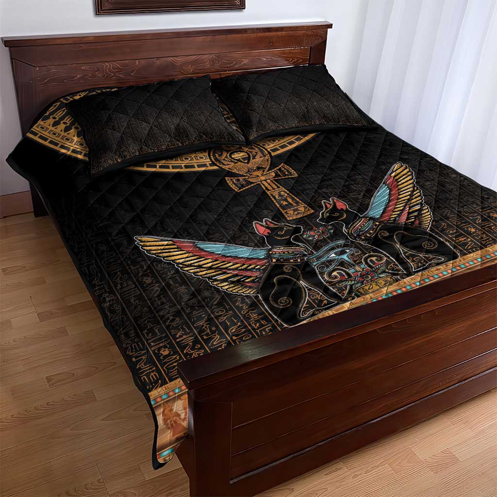 Winged Egypt Cats Quilt Bed Set Hieroglyphs Alphabet Pattern LT18