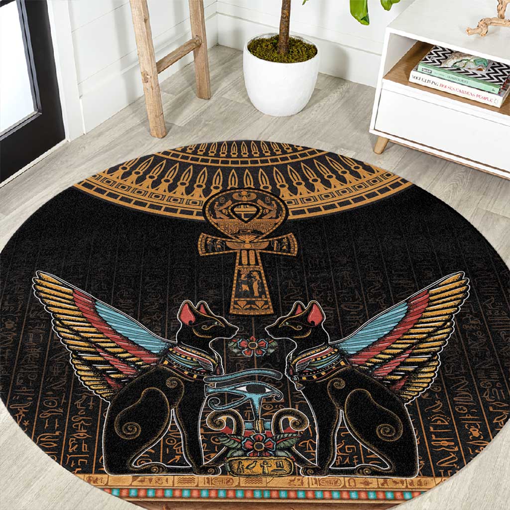 Winged Egypt Cats Round Carpet Hieroglyphs Alphabet Pattern LT18