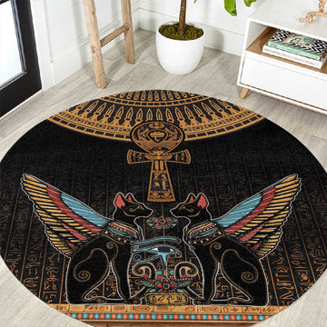 Winged Egypt Cats Round Carpet Hieroglyphs Alphabet Pattern LT18