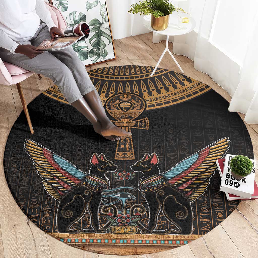 Winged Egypt Cats Round Carpet Hieroglyphs Alphabet Pattern LT18