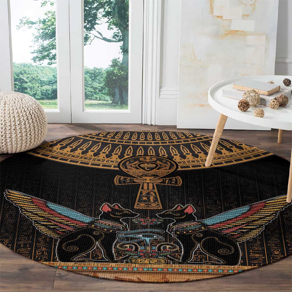 Winged Egypt Cats Round Carpet Hieroglyphs Alphabet Pattern LT18