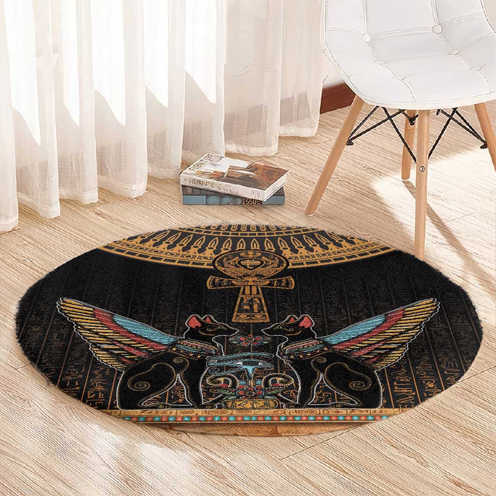Winged Egypt Cats Round Carpet Hieroglyphs Alphabet Pattern LT18