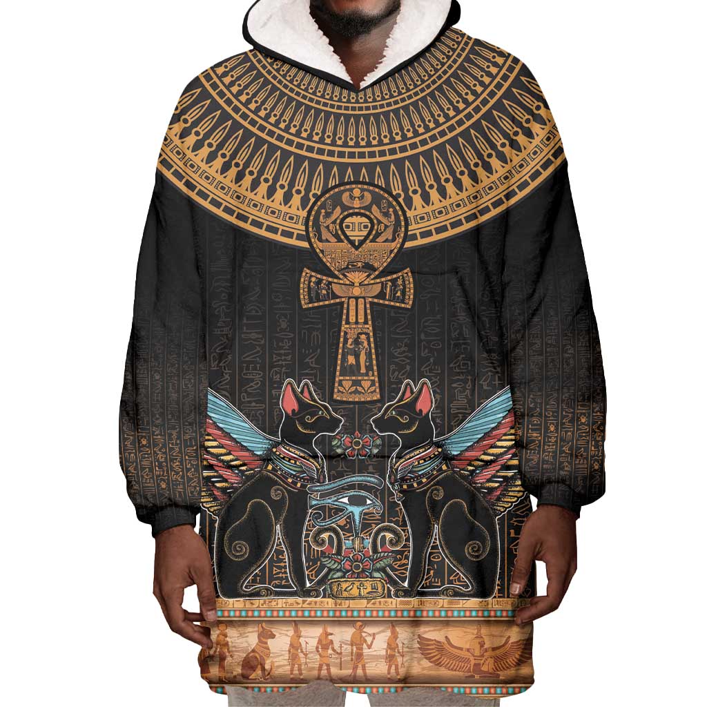 Winged Egypt Cats Wearable Blanket Hoodie Hieroglyphs Alphabet Pattern LT18
