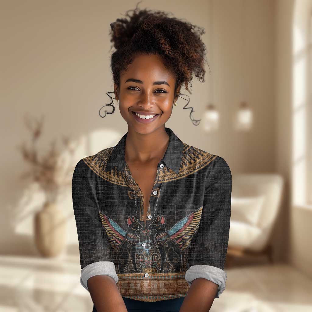 Winged Egypt Cats Women Casual Shirt Hieroglyphs Alphabet Pattern LT18