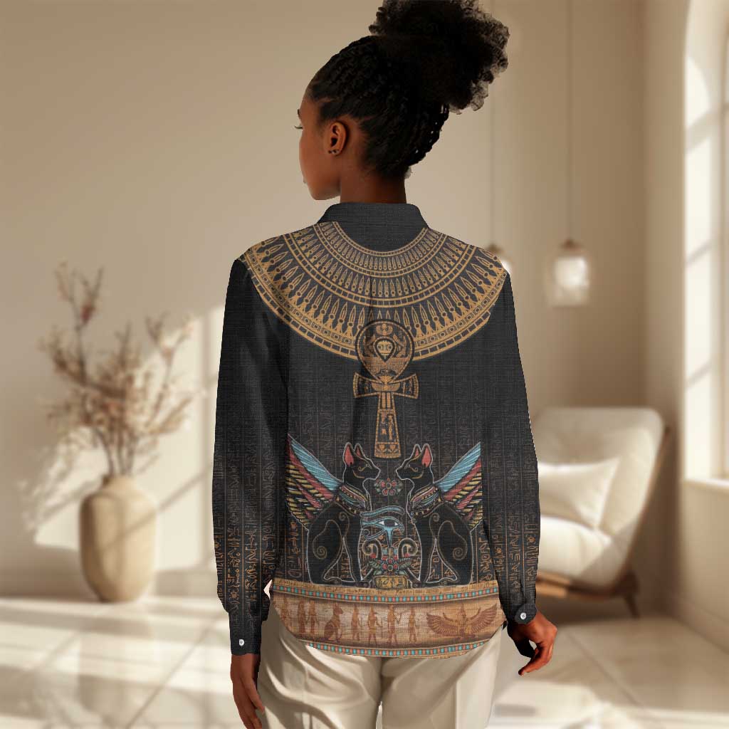 Winged Egypt Cats Women Casual Shirt Hieroglyphs Alphabet Pattern LT18