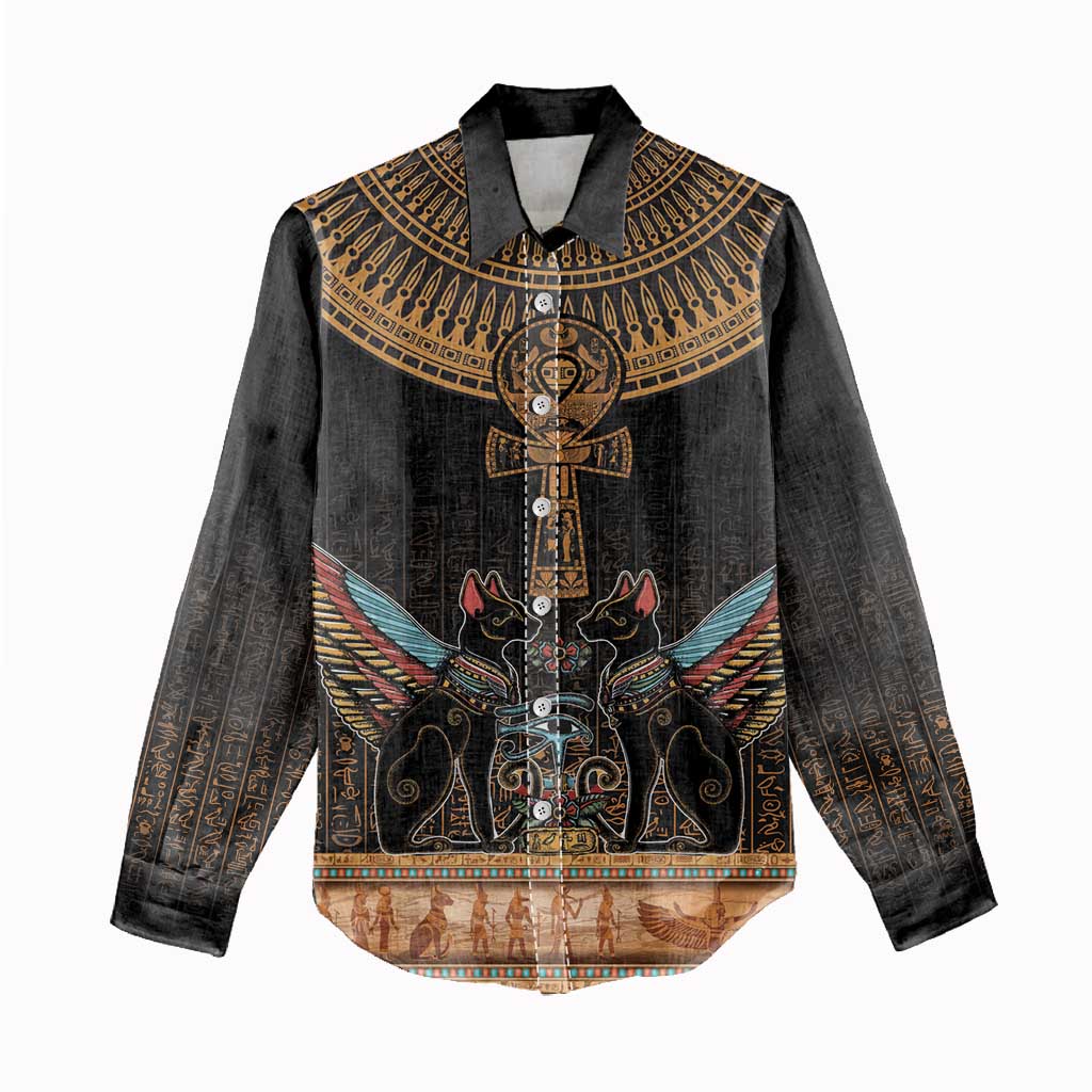 Winged Egypt Cats Women Casual Shirt Hieroglyphs Alphabet Pattern LT18