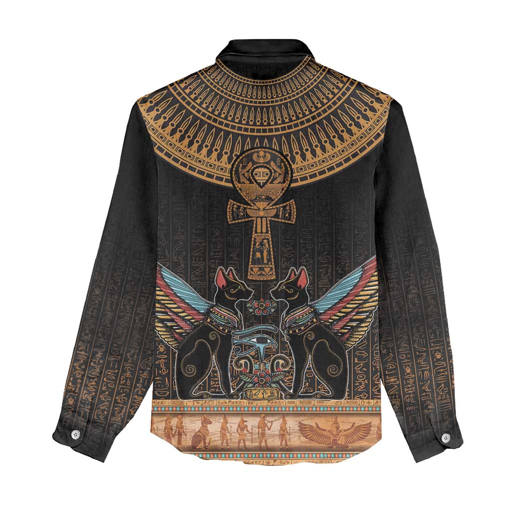 Winged Egypt Cats Women Casual Shirt Hieroglyphs Alphabet Pattern LT18