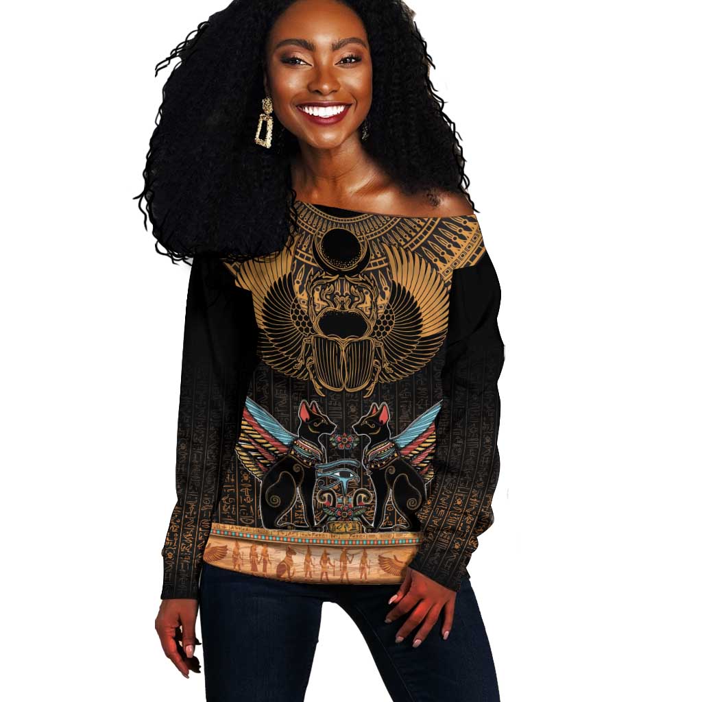 Ancient Egypt Scarab Beetle Off Shoulder Sweater Hieroglyphs Alphabet Pattern LT18