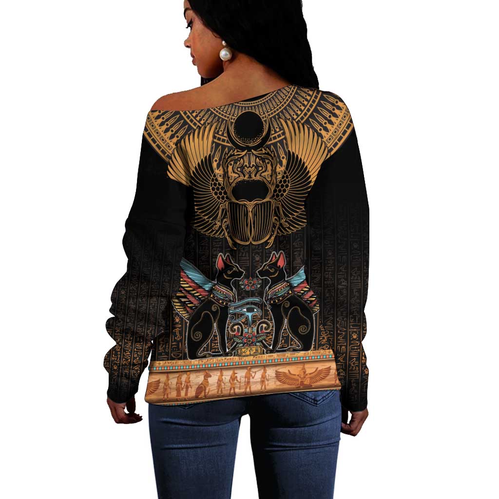 Ancient Egypt Scarab Beetle Off Shoulder Sweater Hieroglyphs Alphabet Pattern LT18