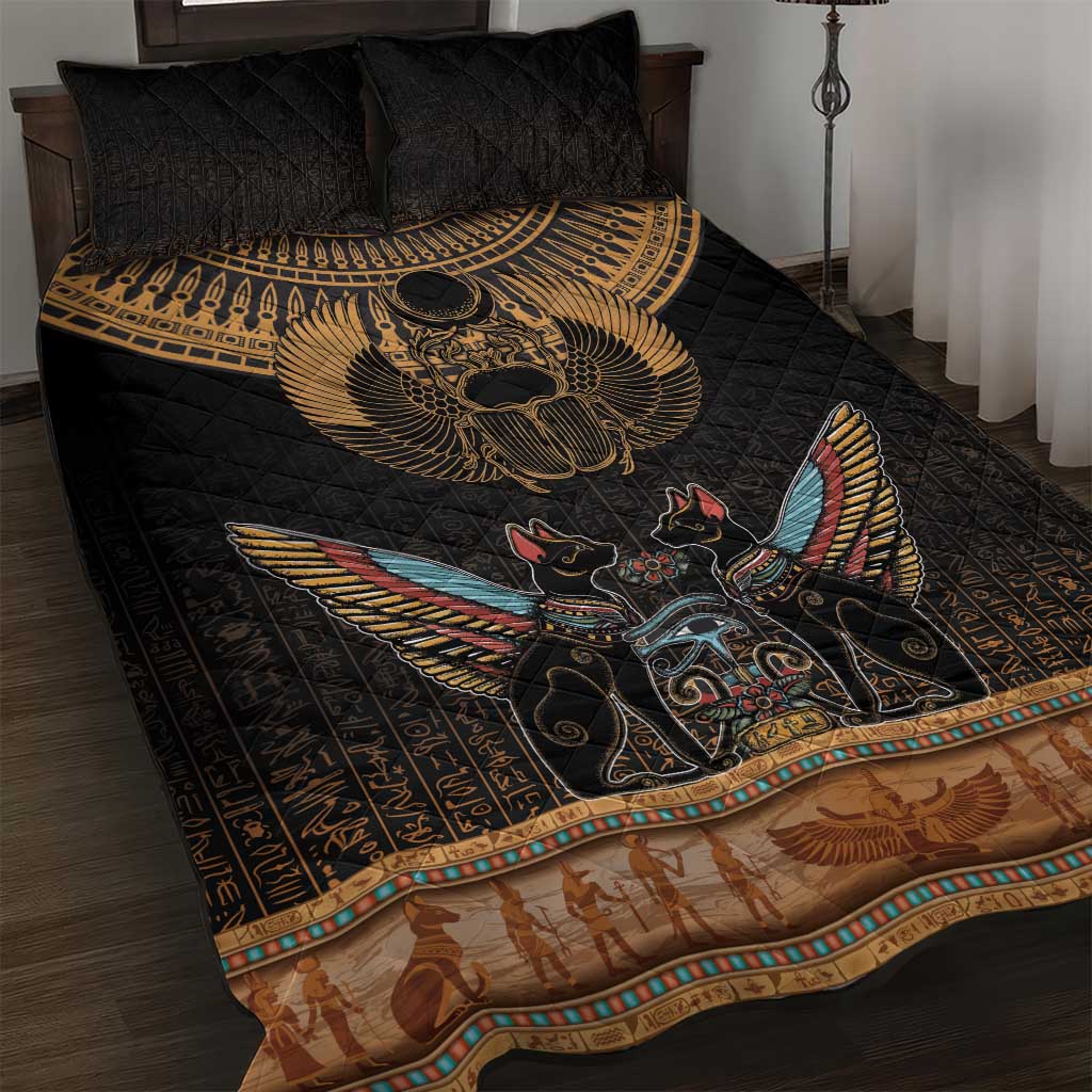 Ancient Egypt Scarab Beetle Quilt Bed Set Hieroglyphs Alphabet Pattern LT18
